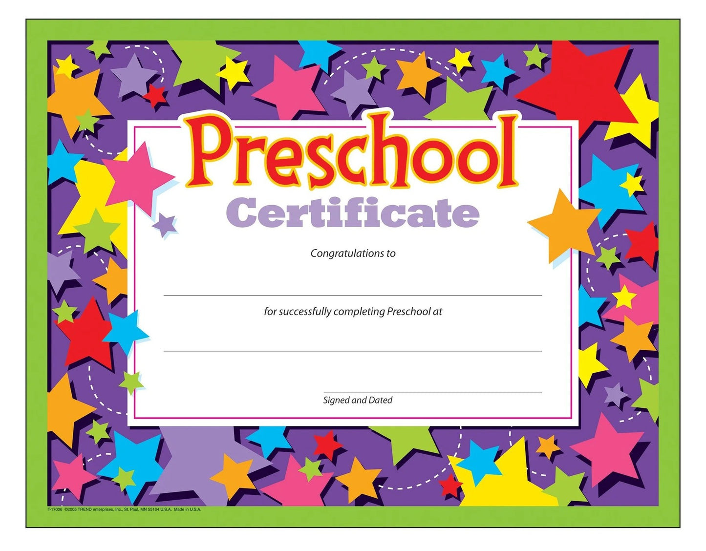 Preschool Certificate with Star Design – 8"x10" Purple Background Graduation Certificate for Preschool & Pre-K Graduates