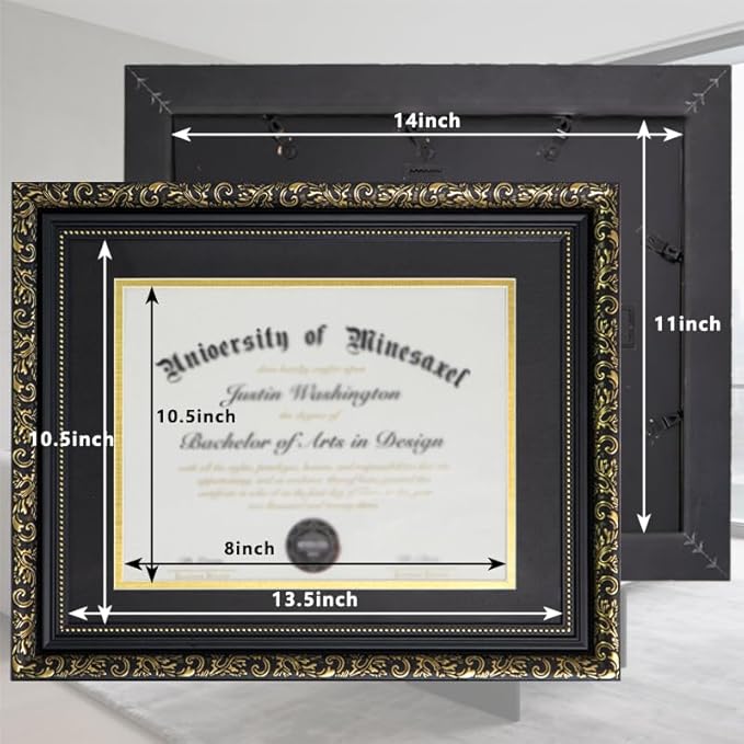Gold Floral Pattern Graduation Frame – 8.5x11 Certificate Frame with Mat or 11x14 Diploma Frame Without Mat | Classic Black & Antique Gold Design