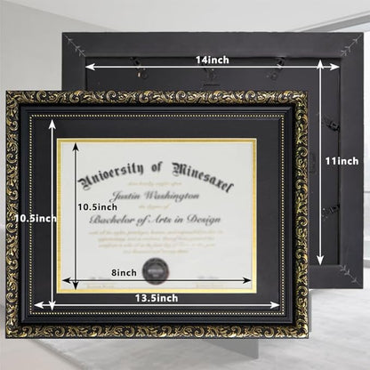 Gold Floral Pattern Graduation Frame – 8.5x11 Certificate Frame with Mat or 11x14 Diploma Frame Without Mat | Classic Black & Antique Gold Design