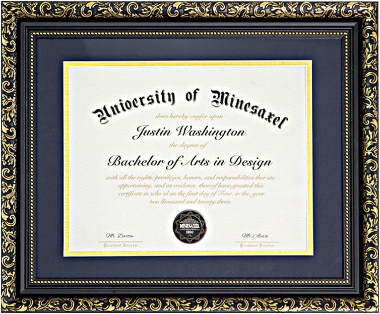 Gold Floral Pattern Graduation Frame – 8.5x11 Certificate Frame with Mat or 11x14 Diploma Frame Without Mat | Classic Black & Antique Gold Design