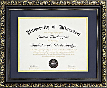 Gold Floral Pattern Graduation Frame – 8.5x11 Certificate Frame with Mat or 11x14 Diploma Frame Without Mat | Classic Black & Antique Gold Design