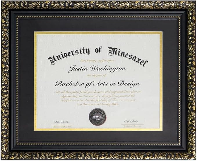 Gold Floral Pattern Graduation Frame – 8.5x11 Certificate Frame with Mat or 11x14 Diploma Frame Without Mat | Classic Black & Antique Gold Design
