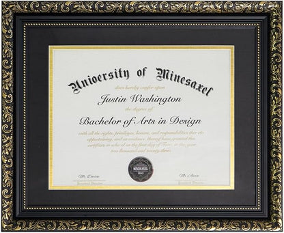 Gold Floral Pattern Graduation Frame – 8.5x11 Certificate Frame with Mat or 11x14 Diploma Frame Without Mat | Classic Black & Antique Gold Design