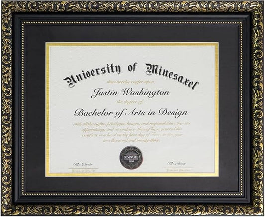 Gold Floral Pattern Graduation Frame – 8.5x11 Certificate Frame with Mat or 11x14 Diploma Frame Without Mat | Classic Black & Antique Gold Design