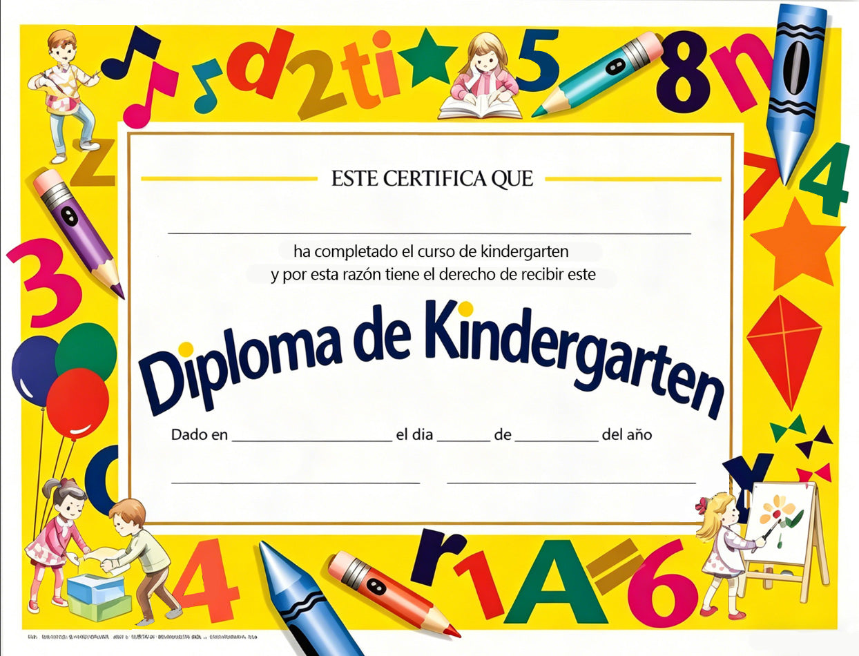 Kindergarten diploma certificate with colorful border and educational elements
