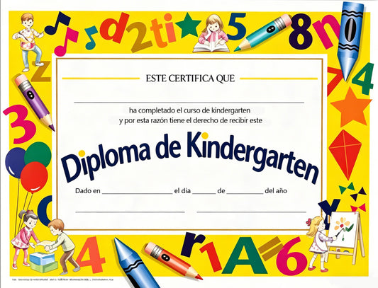 Kindergarten diploma certificate with colorful border and educational elements