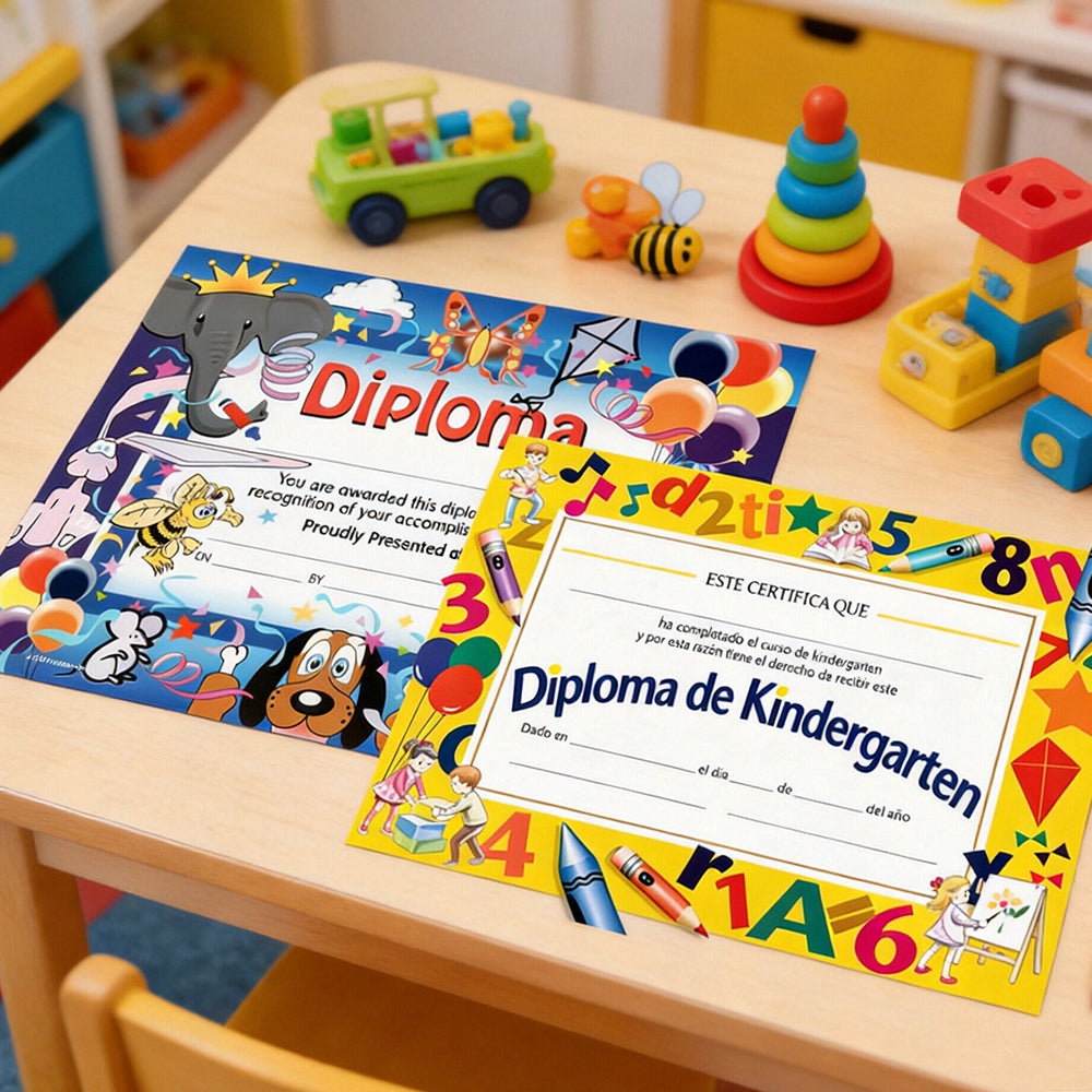 Spanish Kindergarten Diploma – 8"x10" Certificate with Kids Playing & Writing Graphic | Bilingual Graduation Keepsake for Hispanic Classrooms