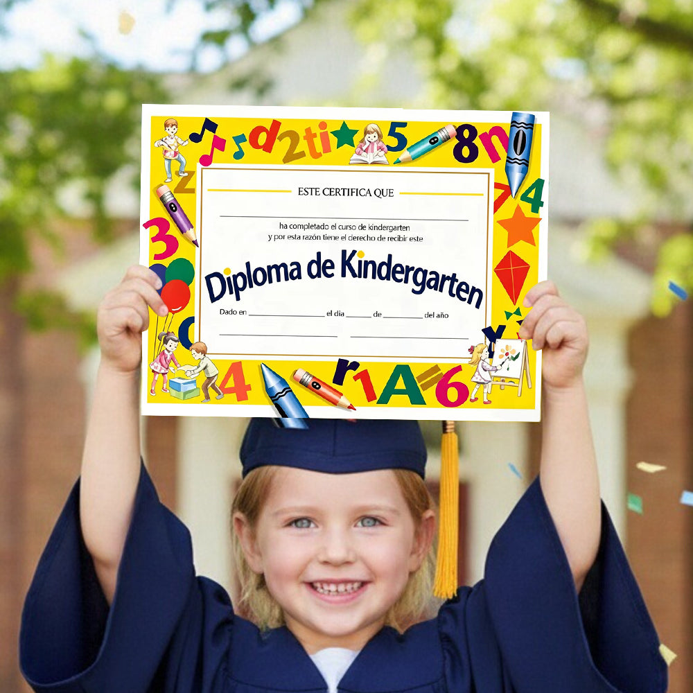 Spanish Kindergarten Diploma – 8"x10" Certificate with Kids Playing & Writing Graphic | Bilingual Graduation Keepsake for Hispanic Classrooms