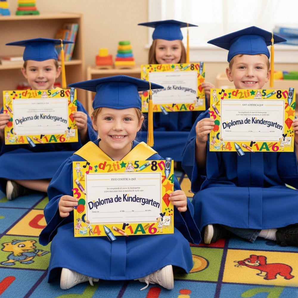 Spanish Kindergarten Diploma – 8"x10" Certificate with Kids Playing & Writing Graphic | Bilingual Graduation Keepsake for Hispanic Classrooms