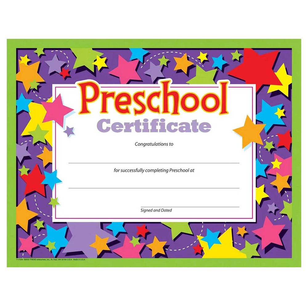 Preschool Certificate with Star Design – 8"x10" Purple Background Graduation Certificate for Preschool & Pre-K Graduates