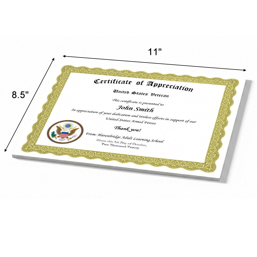Veterans Certificate of Appreciation – Custom Military Recognition Certificate 8.5" x 11"