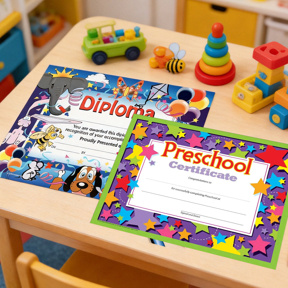 Preschool Certificate with Star Design – 8"x10" Purple Background Graduation Certificate for Preschool & Pre-K Graduates