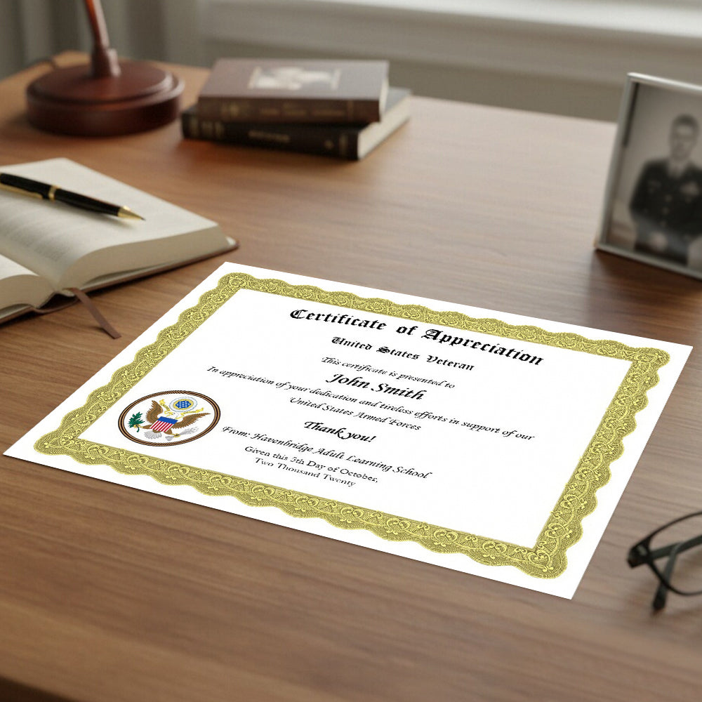 Veterans Certificate of Appreciation – Custom Military Recognition Certificate 8.5" x 11"