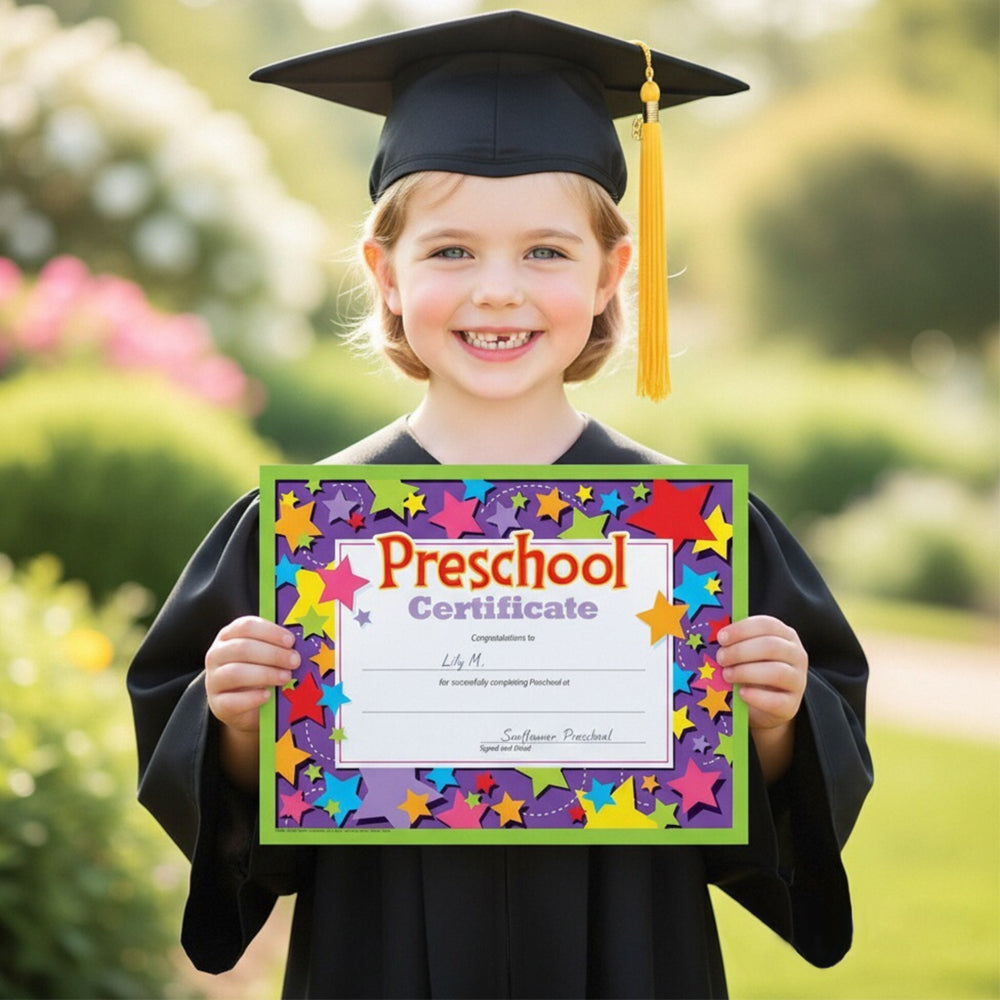 Preschool Certificate with Star Design – 8"x10" Purple Background Graduation Certificate for Preschool & Pre-K Graduates