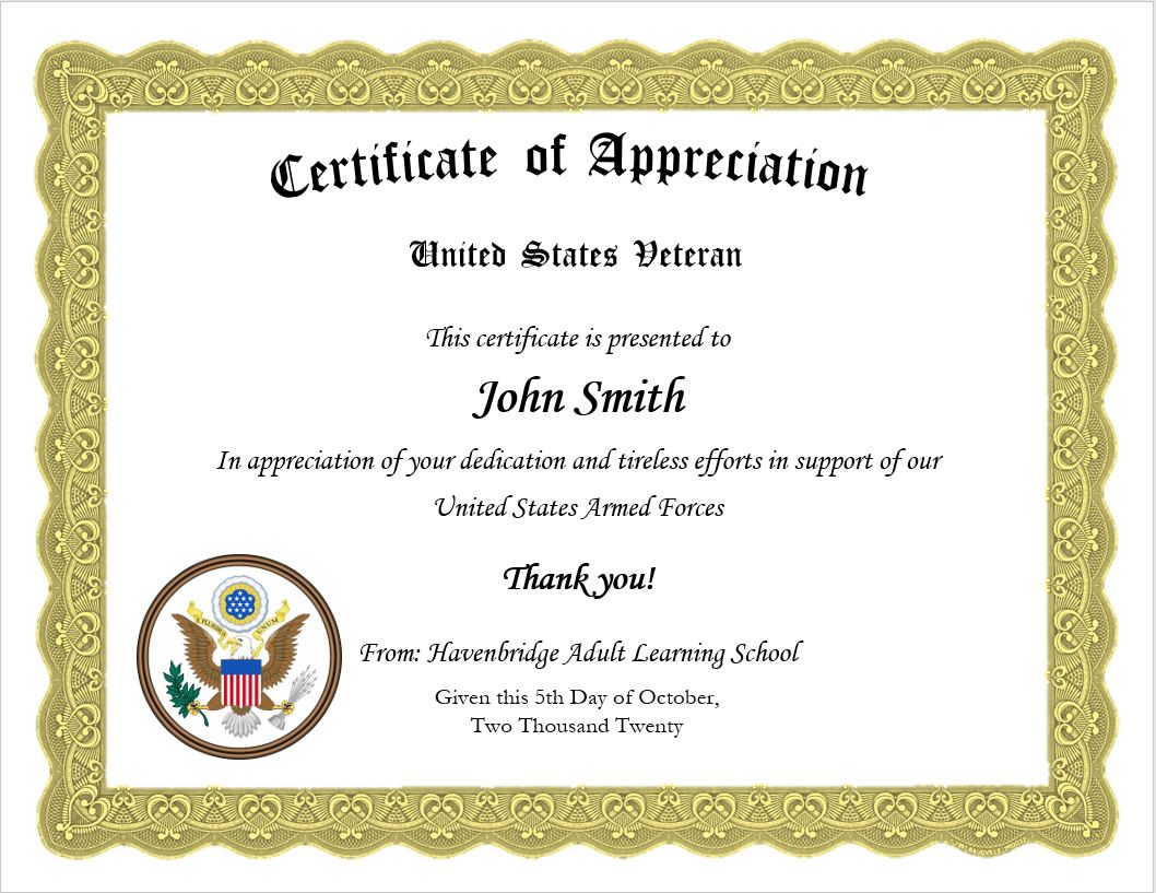 Free Printable Veterans Certificate Of Appreciation